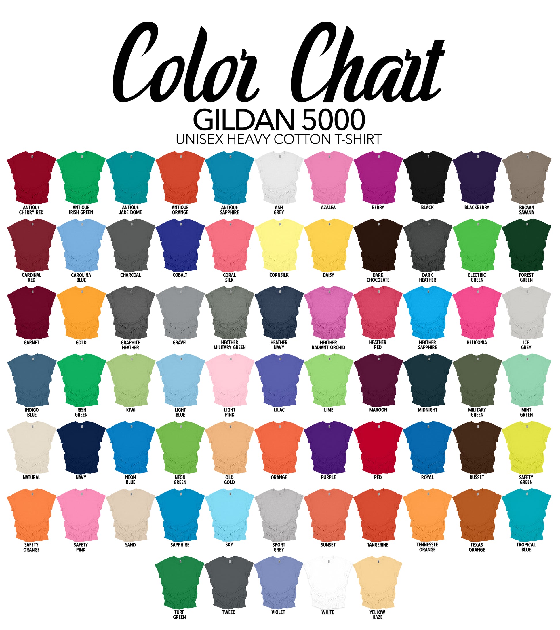 A color chart for Gildan 5000 unisex heavy cotton t-shirts, displaying a range of shirt colors.