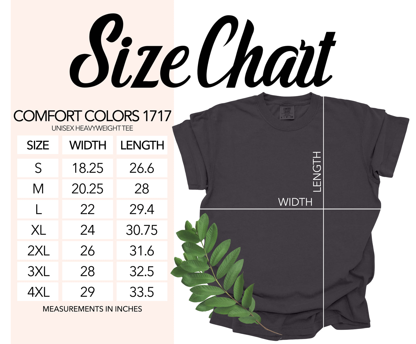 Comfort Color 17177 T-Shirt Size Chart